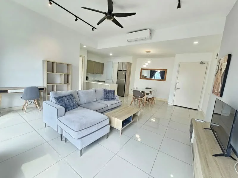 Living features: grey fabric sectional sofa, coffee table, wall-mounted TV, TV console, area rug, 5-blade ceiling fan with light, recessed LED downlights, large windows, white painted walls, glossy tile flooring, open layout to kitchen and dining area; style: modern. Dining features: round dining table, 4 upholstered dining chairs, pendant light above table, white painted walls, glossy tile flooring; style: modern. Kitchen features: stainless-steel fridge, built-in oven, freestanding range oven, white cabinetry, countertop with backsplash, open layout to living area, glossy tile flooring; style: modern.