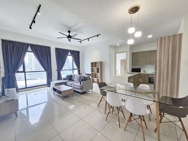 Living features: 3-seater fabric sofa in grey, coffee table, TV console, wall-mounted TV, area rug, 5-blade ceiling fan with light, floor-to-ceiling windows, sheer curtains, white painted walls, polished ceramic tile flooring, track lighting; style: modern; view: city. Dining features: 6-seater dining table, white dining chairs, open shelving unit, white painted walls, polished ceramic tile flooring; style: modern; view: city. Kitchen features: stainless-steel fridge, built-in oven, freestanding range oven, microwave, laminate cabinetry, quartz countertop, double-bowl stainless-steel sink, chrome pull-down faucet; style: modern; view: city.