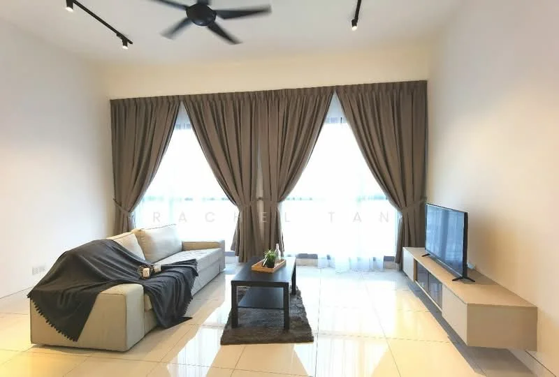 Living features: 3-seater fabric sofa in cream, coffee table with dark wood finish, TV console with light wood finish, wall-mounted TV, floor-to-ceiling windows, sheer curtains, dark brown curtains, ceiling fan with light, polished tile flooring, decorative plant on coffee table, throw blanket on sofa, area rug with geometric pattern; style: modern.