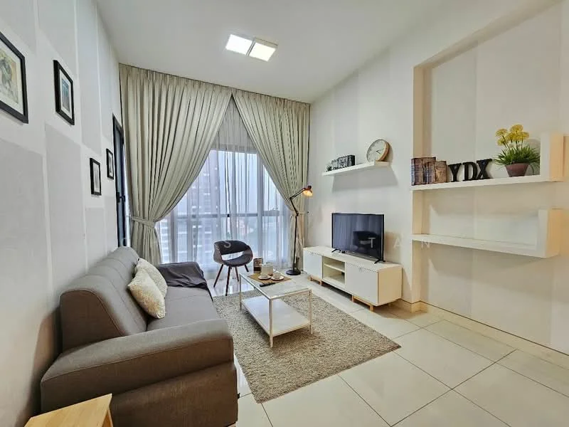 Living features: grey fabric sofa, coffee table, TV console, wall-mounted TV, area rug, floor-to-ceiling windows, sheer curtains, decorative shelf with books, lamp with tripod base, framed artwork, wall-mounted clock; style: modern; view: city.
