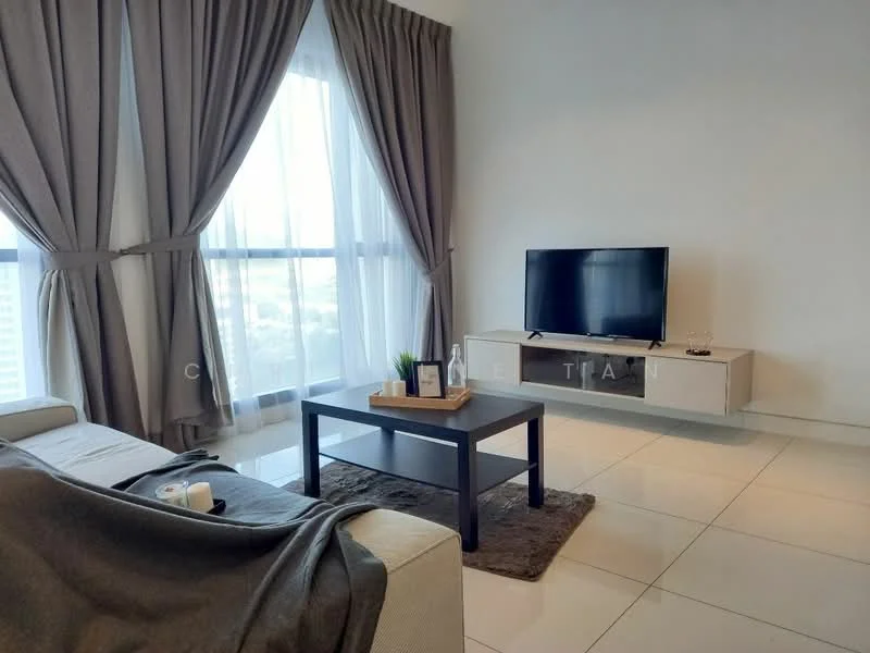 Living features: floor-to-ceiling windows, sheer curtains, grey fabric sofa, coffee table, TV console, wall-mounted TV, area rug, decorative plant, decorative items on table, neutral wall color, polished tile flooring; style: modern; view: city.