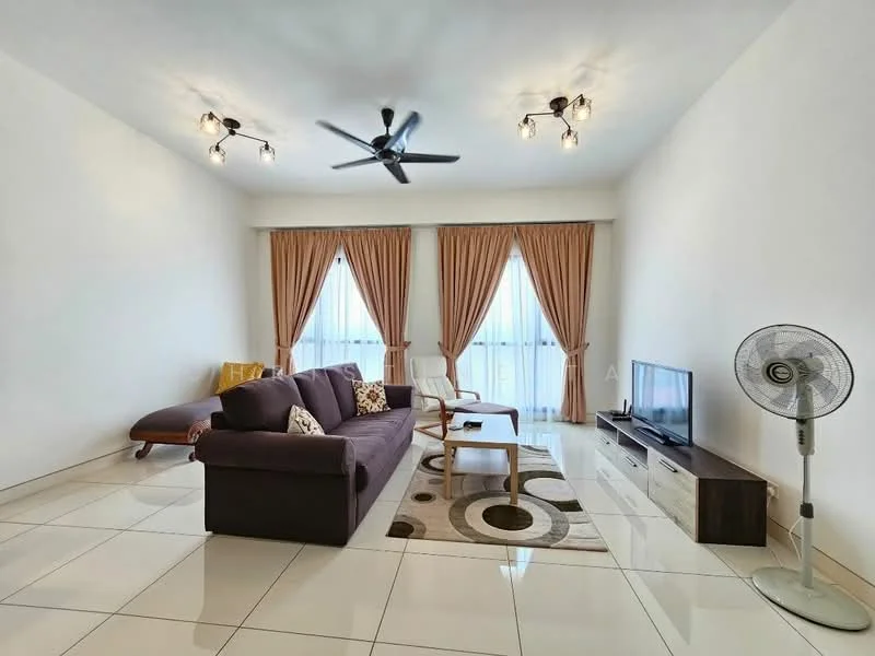 Living features: 3-seater fabric sofa in dark purple, armchair, coffee table, TV console, wall-mounted TV, area rug with circular pattern, floor-to-ceiling windows, sheer curtains, brown curtains, ceiling fan with light, recessed downlights, polished ceramic tile flooring; style: modern.