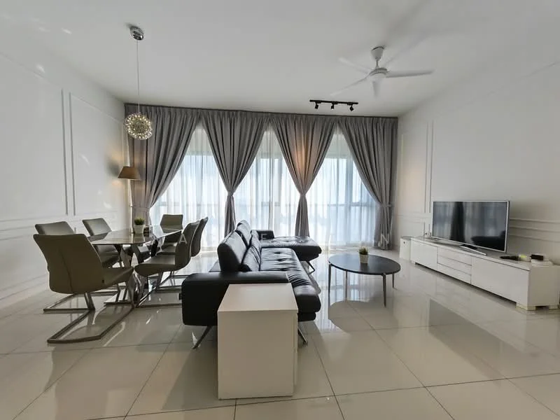 Living features: 3-seater leather sofa in black, coffee table with round top, TV console in white, wall-mounted TV, 5-blade ceiling fan with light, floor-to-ceiling windows, sheer curtains, recessed downlights, marble tile flooring, decorative pendant light, area rug, decorative wall paneling; style: modern; view: city. Dining features: 6-seater dining table, upholstered dining chairs, decorative centerpiece, wall-mounted lighting, open layout to living area; style: modern; view: city.