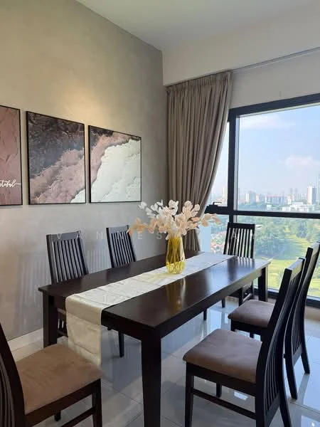 Dining features: rectangular wooden dining table, 6 upholstered dining chairs, light-colored table runner, large vase with decorative flowers, framed artwork on walls, floor-to-ceiling windows, curtains, grey accent wall, white tiled flooring, view of greenery and city skyline; style: modern; view: city.