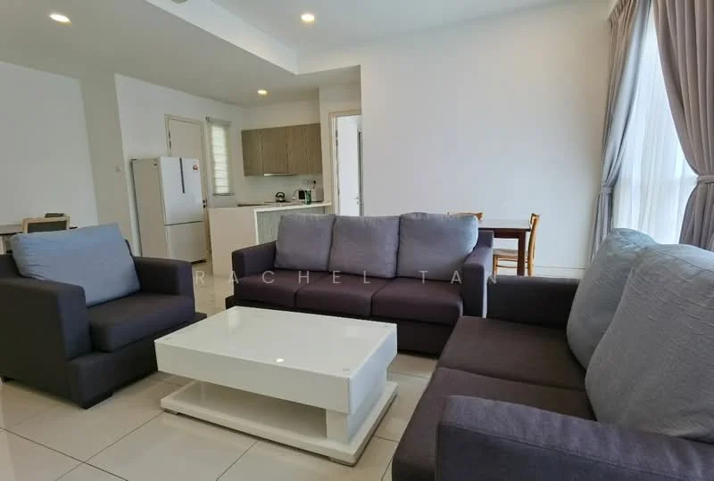 Living features: 3-seater fabric sofa in grey, 2-seater fabric sofa in dark grey, white coffee table, recessed downlights, floor-to-ceiling windows with sheer curtains, white painted walls, glossy tile flooring, decorative wall art, open layout to kitchen, dining area visible in background; style: modern.
