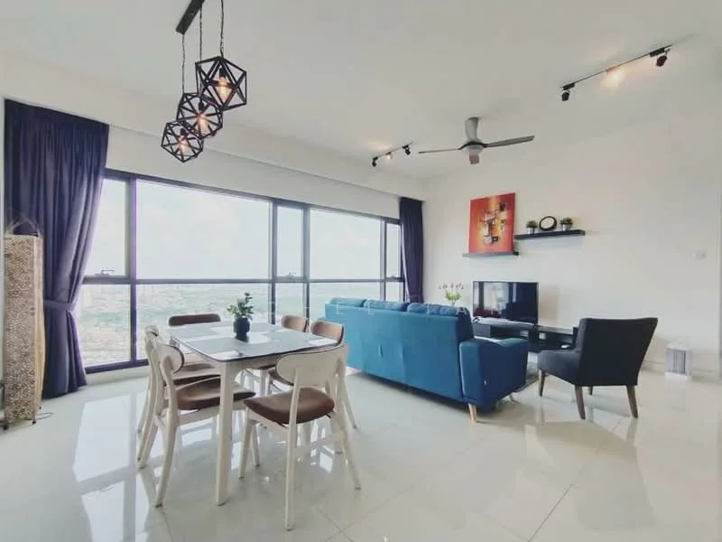 Living features: 3-seater fabric sofa in blue, 2-seater dining table with white chairs, pendant light fixture with geometric design, ceiling fan with light, wall-mounted TV, black TV console, decorative wall art, floor-to-ceiling windows, dark purple curtains, white tiled flooring, decorative plant on table, shelving unit on wall; style: modern; view: city.