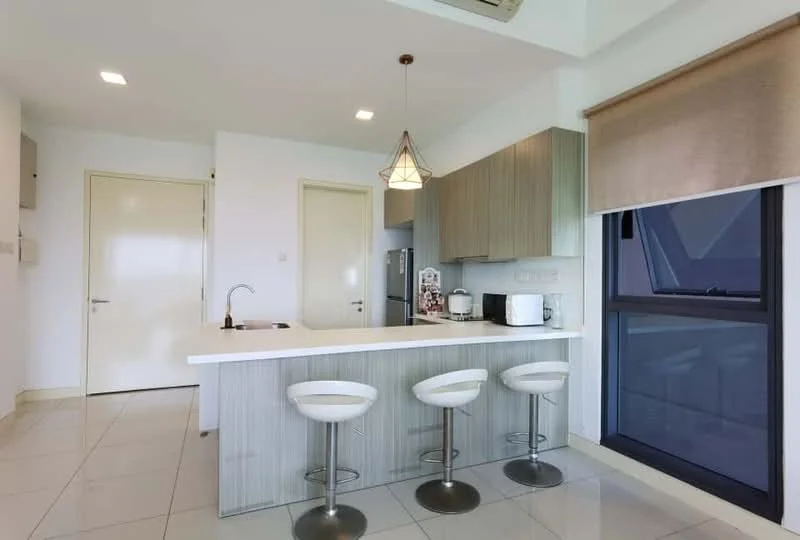 Kitchen features: white quartz countertop, grey wood cabinetry, stainless-steel fridge, built-in oven, microwave, single-bowl stainless-steel sink, chrome pull-down faucet, 3 bar stools with chrome legs, pendant light fixture, white tiled flooring, floor-to-ceiling window, roller blinds; style: modern; view: city.