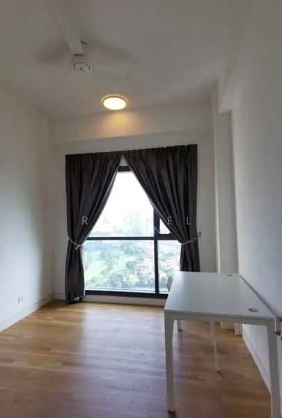 Room features: wooden flooring, white painted walls, floor-to-ceiling window, grey curtains, ceiling fan, light fixture, study desk; style: modern; view: city.
