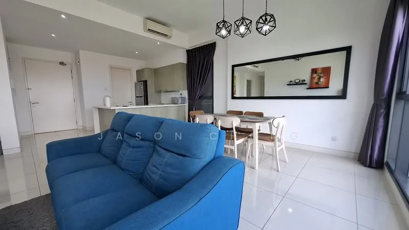 Living features: blue fabric sofa, coffee table, area rug, pendant lighting with three bulbs, wall-mounted mirror, floor-to-ceiling windows, white painted walls, white tiled flooring, air conditioning unit, dining table with four chairs; style: modern.