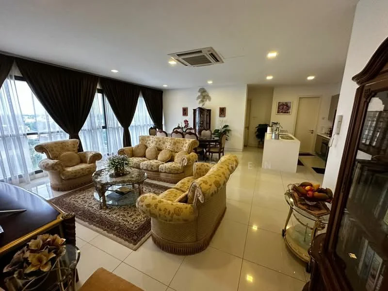 Living features: cream upholstered sofas with floral pattern, glass coffee table, marble tile flooring, floor-to-ceiling windows, sheer curtains, recessed downlights, decorative wall art, wooden sideboard, dining table with upholstered chairs, air conditioning unit; style: contemporary; view: city.