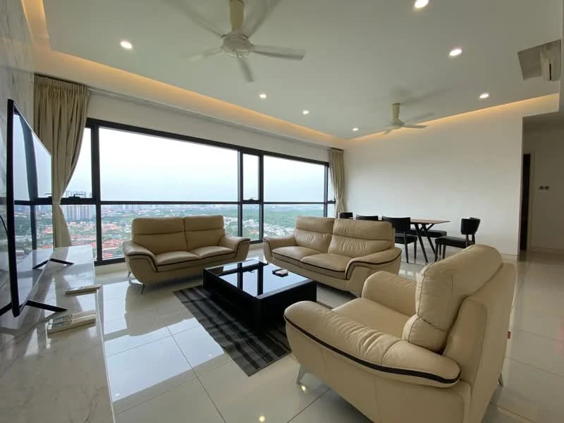 Living features: floor-to-ceiling windows, beige leather 3-seater sofa, beige leather 2-seater sofa, black coffee table, grey area rug with geometric pattern, wall-mounted TV, white painted walls, recessed downlights, 2 ceiling fans, marble flooring, dining table with black chairs; style: modern; view: city.