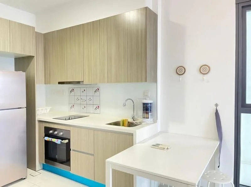 Kitchen features: light wood cabinetry, white countertop, stainless-steel sink, chrome faucet, built-in oven, 4-burner gas hob, white tiled backsplash with floral pattern, refrigerator, white walls, floor tiles, small dining table, stool, window with natural light; style: modern.
