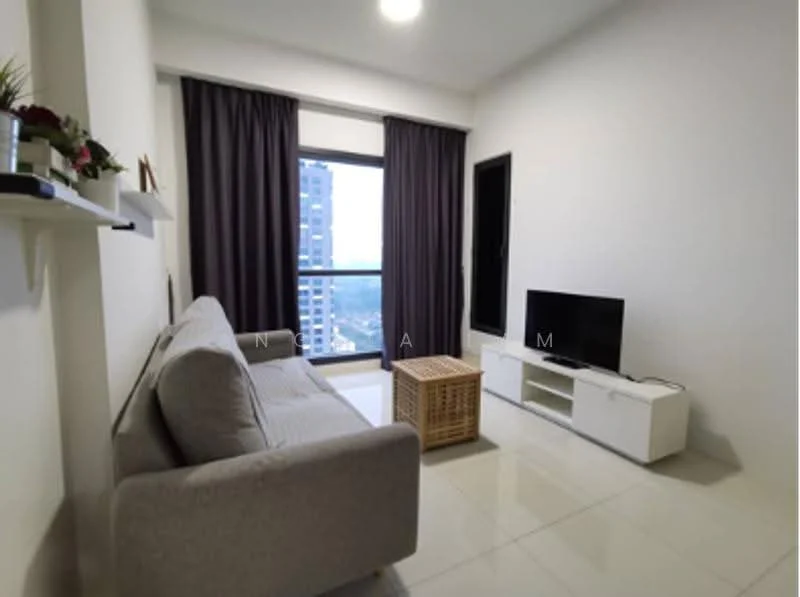 Living features: 3-seater fabric sofa in light grey, coffee table with woven design, TV console in white, wall-mounted TV, floor-to-ceiling windows, blackout curtains, white painted walls, glossy tile flooring, recessed ceiling light; style: modern; view: city.