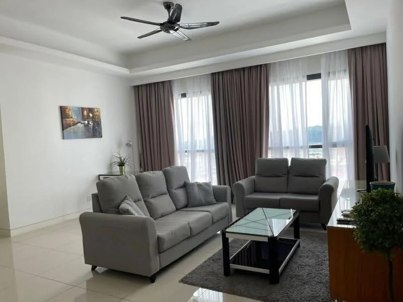 Living features: 3-seater fabric sofa in grey, 2-seater fabric sofa in grey, glass coffee table, area rug in grey, floor-to-ceiling windows, sheer curtains, dark brown wooden TV console, decorative plant in ceramic pot, framed artwork on wall, recessed downlights, ceiling fan with light; style: modern; view: city.