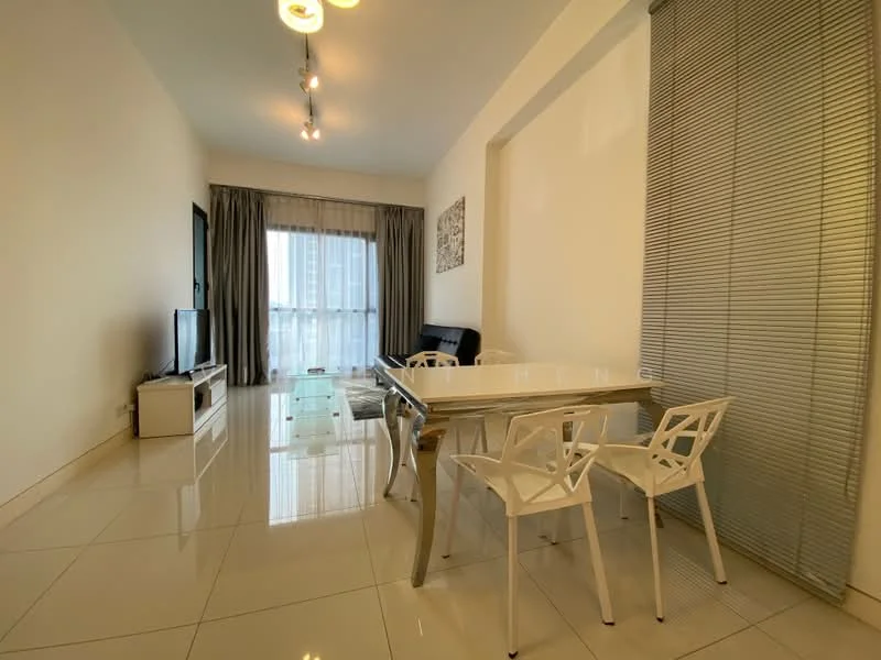 Living features: white painted walls, glossy tile flooring, floor-to-ceiling windows, grey curtains, black leather sofa, glass coffee table, white dining table, 4 white plastic dining chairs, TV console, wall-mounted TV, recessed downlights; style: modern; view: city.