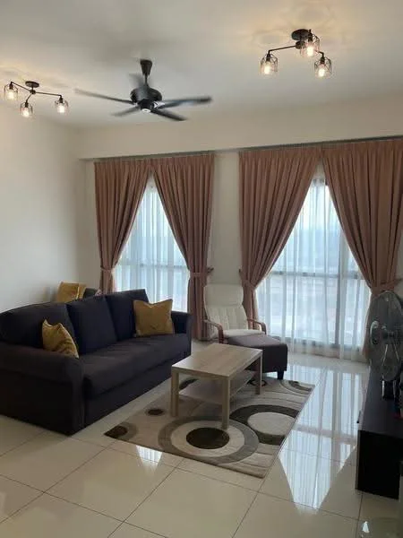 Living features: 3-seater fabric sofa in dark blue, 2 accent cushions in yellow, coffee table, area rug with circular pattern, floor-to-ceiling windows, sheer curtains, blackout curtains, ceiling fan with 5 blades, recessed downlights, polished ceramic tile flooring, wall-mounted TV console, decorative wall art; style: modern; view: city.