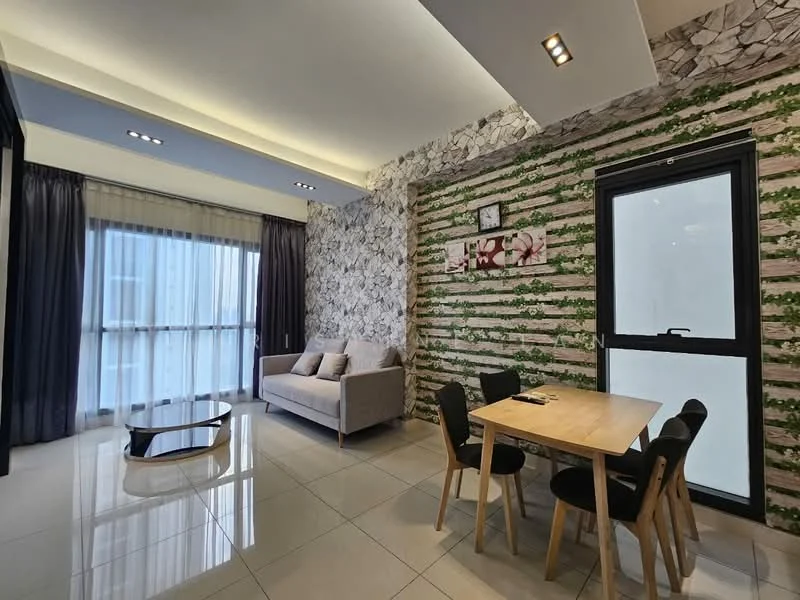 Living features: grey fabric sofa, glass coffee table, dining table with four black chairs, floor-to-ceiling windows, curtains in dark grey, stone accent wall with green vines, recessed ceiling lights, glossy tile flooring; style: modern.