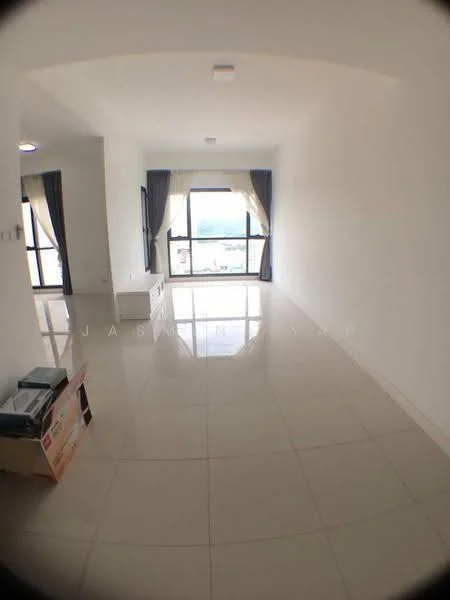 Living features: white painted walls, glossy ceramic tile flooring, floor-to-ceiling windows, sheer curtains, grey curtains, TV console, wall-mounted TV, recessed downlights, open layout, box for storage; style: modern; view: city.