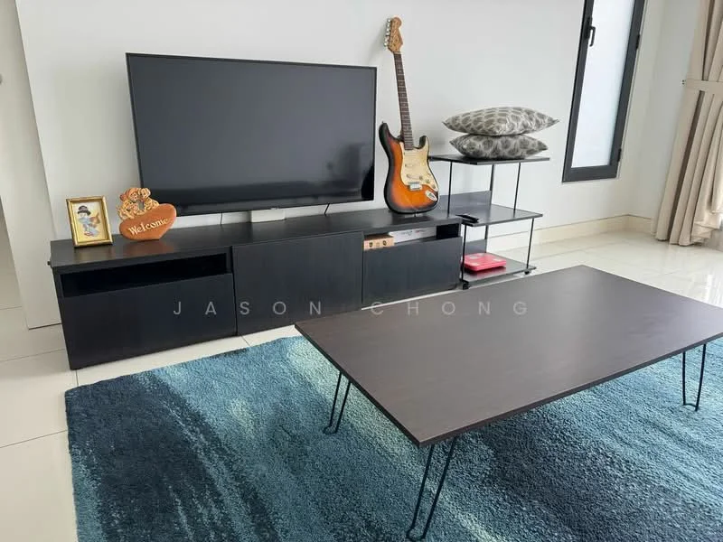 Living features: black TV console, flat-screen TV, electric guitar, glass side table, blue area rug, white walls, large window, curtains, polished tile flooring; style: modern.