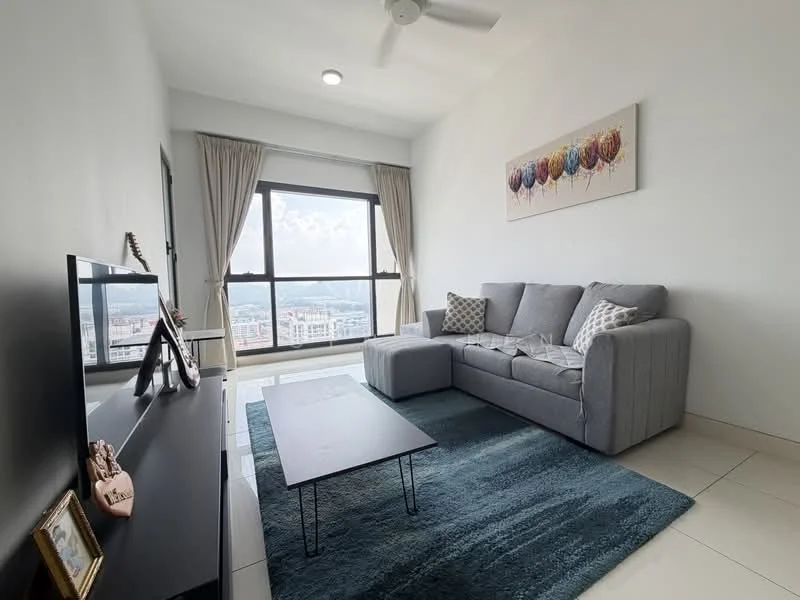 Living features: 3-seater fabric sofa in grey, coffee table, area rug with geometric pattern, floor-to-ceiling windows, curtains, ceiling fan, wall-mounted TV, decorative artwork on wall, light-colored walls, tile flooring; style: modern; view: city.