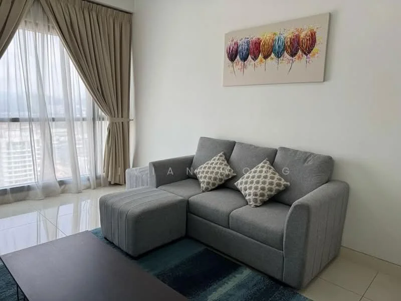 Living features: grey fabric sofa, ottoman, two decorative cushions, coffee table, area rug with striped pattern, floor-to-ceiling windows, sheer curtains, white walls, glossy tile flooring, decorative wall art with floral design; style: modern; view: city.