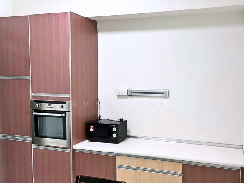 Kitchen features: wood cabinetry in light brown, white countertop, built-in oven, microwave, black countertop microwave, stainless-steel range hood, recessed lighting, wall-mounted light fixture, tile backsplash, open shelving, kitchen appliances; style: modern.