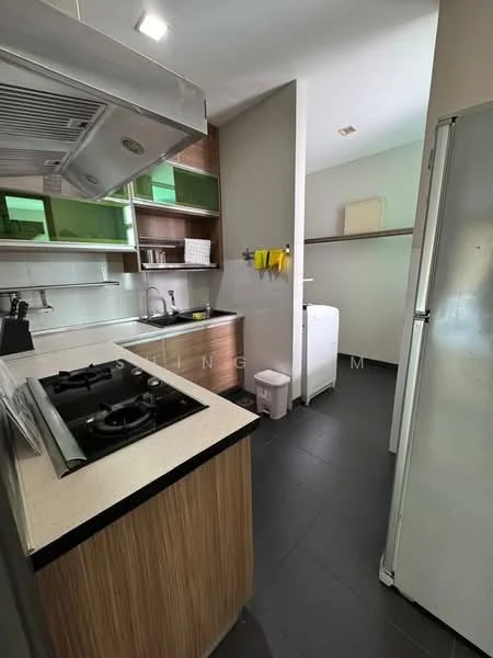 Kitchen features: stainless-steel sink, chrome pull-down faucet, granite countertop, wood cabinetry with glass upper cabinets, built-in gas hob, exhaust hood, white refrigerator, white washing machine, black tile flooring, wall-mounted shelves, under-cabinet lighting; style: modern.