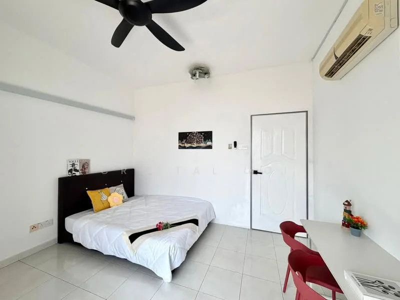 Bedroom features: queen-size bed with white bedding, upholstered headboard, 2 red dining chairs, small table, white painted walls, tile flooring, ceiling fan, wall-mounted air conditioning unit, door with white finish, decorative wall art; style: minimalist.