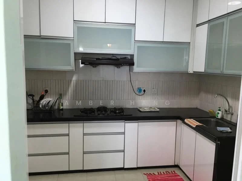 Kitchen features: black granite countertop, white laminate cabinets, stainless-steel gas hob, built-in stainless-steel range hood, double-bowl stainless-steel sink, white tiled backsplash, ceramic tile flooring, wall-mounted kitchen storage, kitchen towel hanging, window above sink; style: modern.