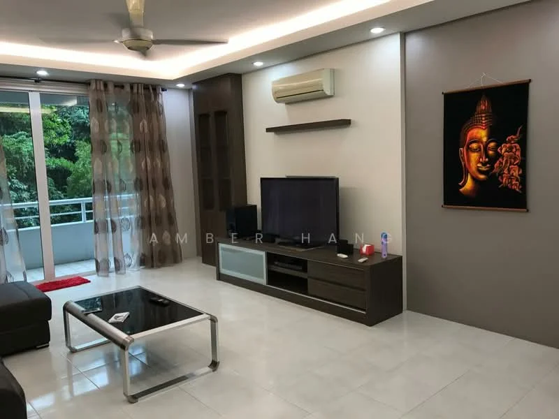 Living features: 3-seater fabric sofa in dark grey, glass coffee table, TV console with storage, wall-mounted TV, floor-to-ceiling windows, sheer curtains, recessed downlights, ceiling fan, decorative wall art, light grey tiled flooring, built-in shelving unit, air conditioning unit; style: modern; view: garden.