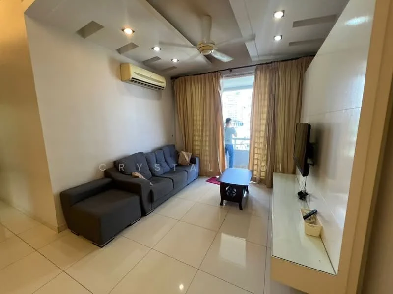 Living features: 3-seater fabric sofa in grey, coffee table, wall-mounted TV, entertainment unit, floor-to-ceiling windows, curtains, ceiling fan, recessed downlights, white painted walls, glossy tile flooring, air conditioning unit; style: modern.