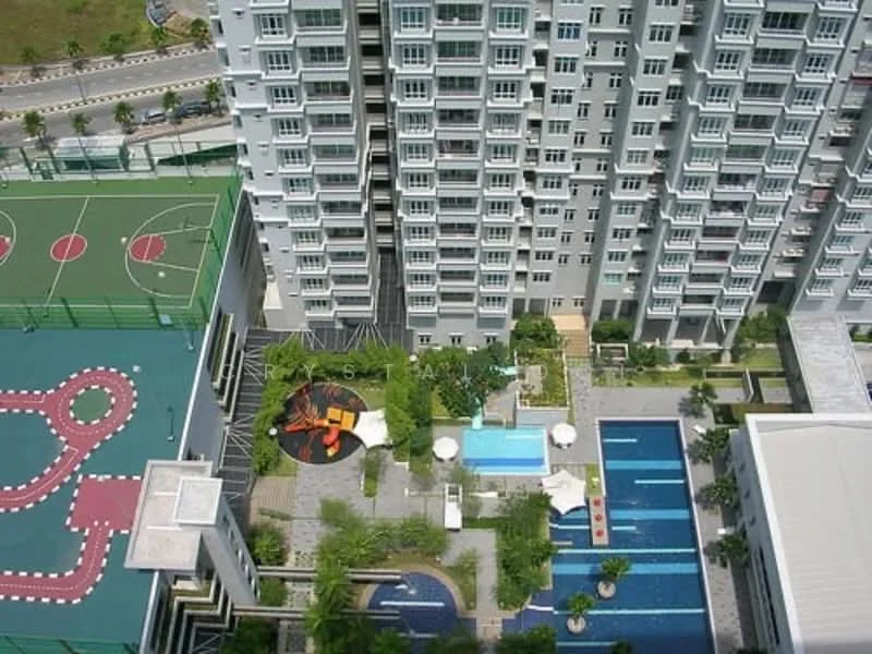 Exterior type: high-rise condominium; features: swimming pool, infinity pool, children's playground, basketball court, manicured landscaping, outdoor seating area, water features, pool deck with loungers; style: modern.