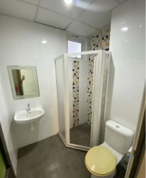 Bathroom features: white tiled walls, grey ceramic tile flooring, corner shower enclosure with glass door, chrome basin mixer faucet, white sink with wall-mounted design, one-piece toilet, framed mirror, decorative mosaic tile accent wall; style: modern.