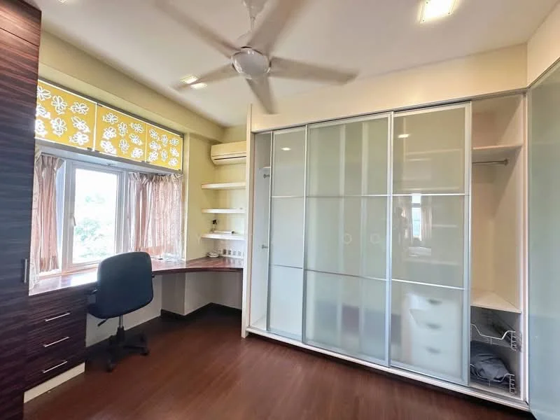 Bedroom features: built-in wardrobe with sliding glass doors, study desk with chair, floor-to-ceiling window, sheer curtains, wooden flooring, ceiling fan, wall-mounted shelves, air conditioning unit; style: modern; view: city.