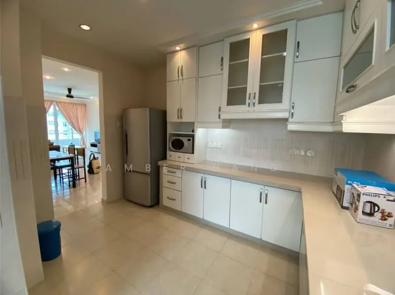 Kitchen features: white shaker cabinets, stainless-steel fridge, built-in microwave, ceramic tile flooring, white quartz countertop, glass-front upper cabinets, single-bowl stainless-steel sink, chrome pull-down faucet, recessed downlights, wall-mounted cabinet, open shelving, neutral wall colour, kitchen island, decorative bowl on countertop; style: modern.