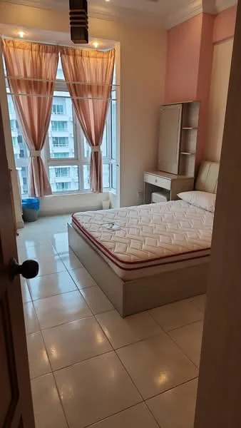 Bedroom features: queen-size bed, mattress without bedding, wooden bed frame, built-in wardrobe, study desk, chair, floor-to-ceiling windows, sheer curtains in peach, tile flooring, painted walls in beige and pink, ceiling light fixture; style: modern; view: city.