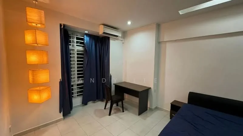 Bedroom features: white painted walls, tile flooring, 5-blade ceiling fan with light, floor-to-ceiling windows, blue curtains, desk with chair, bedside table, queen-size bed, decorative pendant lights; style: modern.