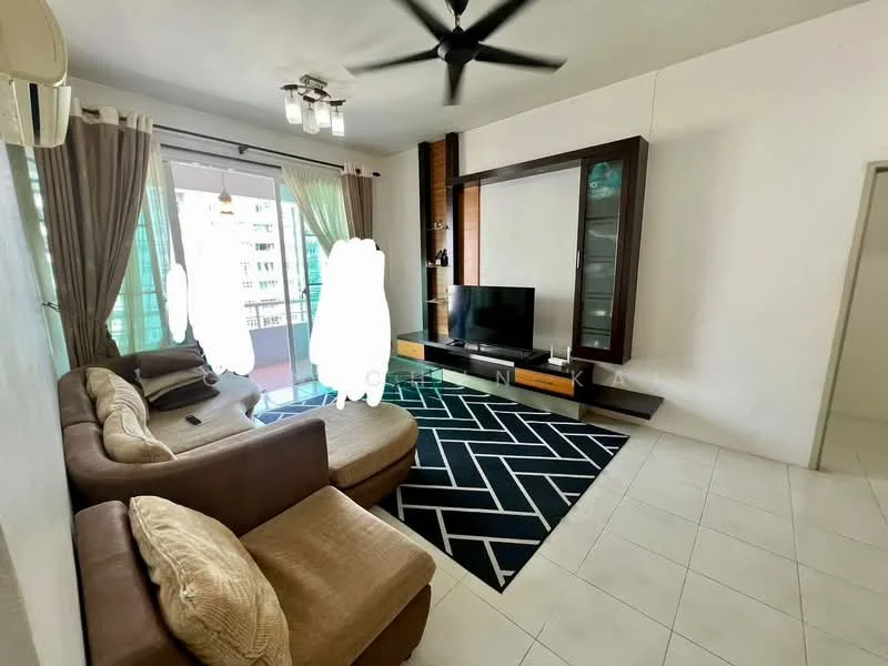 Living features: L-shape sectional sofa in beige, coffee table, wall-mounted TV, TV console, area rug with geometric pattern, floor-to-ceiling windows, curtains, ceiling fan, white painted walls, tile flooring; style: modern; view: city.