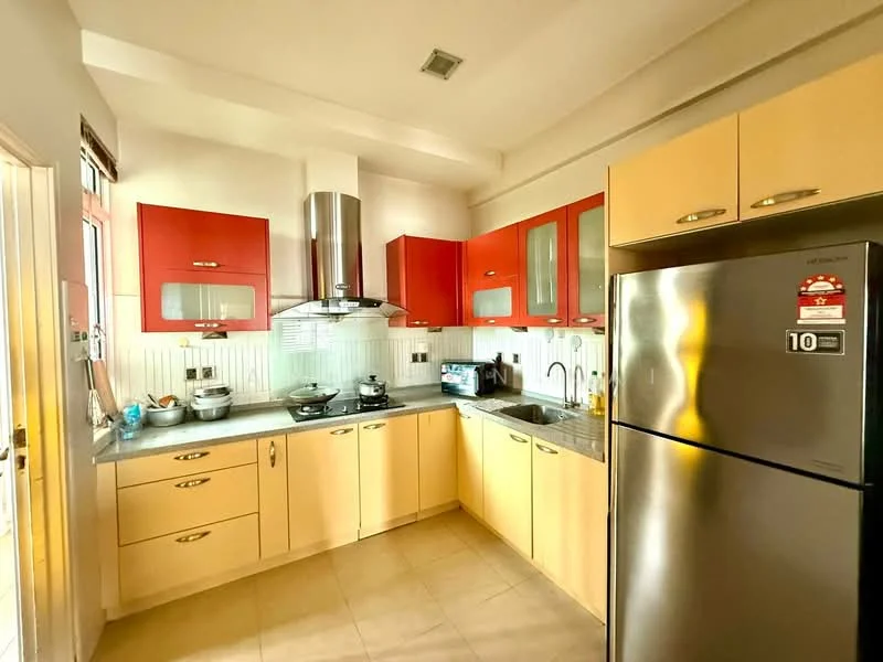 Kitchen features: red upper cabinets, cream lower cabinets, stainless-steel fridge, stainless-steel range hood, built-in gas stove, granite countertop, tile backsplash, double-bowl stainless-steel sink, window with blinds, light-colored tile flooring, kitchen utensils on countertop, wall-mounted cabinets; style: modern.