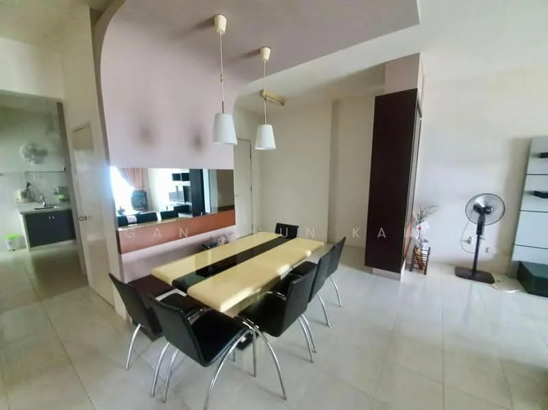 Dining features: rectangular dining table with beige top, black dining chairs, pendant lights above table, mirror on wall, floor-to-ceiling windows, light-colored walls, tiled flooring, decorative plant in corner, fan in corner; style: modern. Kitchen features: kitchen counter with sink, dark cabinetry, stainless-steel appliances, open layout to dining area; style: modern.