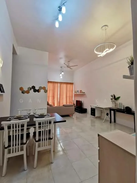 Living features: white painted walls, marble tile flooring, 5-blade ceiling fan with light, recessed downlights, pendant light, sofa in beige, coffee table, TV console, wall-mounted TV, dining table for 4, white dining chairs, decorative plants, window with sheer curtains; style: modern.