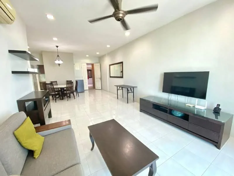 Living features: grey fabric sofa, wooden armrest on sofa, coffee table, TV console, wall-mounted TV, ceiling fan with light, recessed LED downlights, white tiled flooring, light grey painted walls, dining table with chairs, mirror on wall, open layout; style: modern.