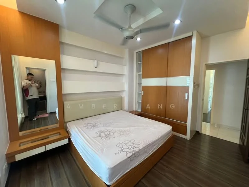 Bedroom features: queen-size bed, upholstered headboard, wooden bedside table with drawer, full-length mirror, built-in wardrobe with sliding doors, ceiling fan, recessed downlights, wood laminate flooring, cream painted walls, decorative wall paneling; style: modern.