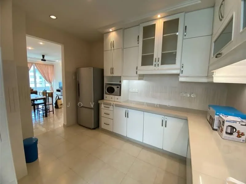 Kitchen features: white cabinetry with glass-front upper cabinets, stainless-steel fridge, built-in microwave, ceramic countertop, white tiled backsplash, single-bowl stainless-steel sink, chrome pull-down faucet, recessed downlights, cream tiled flooring, open layout to dining area; style: modern.