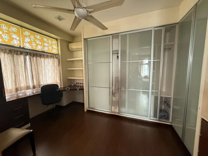 Bedroom features: wooden flooring, cream painted walls, ceiling fan, built-in wardrobe with sliding glass doors, desk with chair, window with sheer curtains, shelves, air conditioning unit; style: modern.