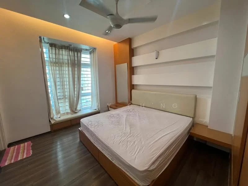 Bedroom features: queen-size bed, wooden bed frame, light wood cabinetry, floor-to-ceiling windows, sheer curtains, recessed downlights, ceiling fan, laminate flooring, accent wall with horizontal panels, built-in bedside tables, decorative wall sconce; style: modern; view: city.