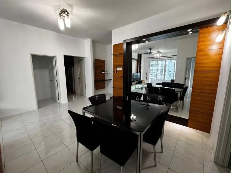 Dining features: black dining table, upholstered dining chairs, white walls, tile flooring, ceiling light fixture, mirror wall, wood panel accent wall, open layout to living area, floor-to-ceiling windows, view of city skyline; style: modern; view: city. Room features: white walls, tile flooring, open layout, doorway to kitchen, doorway to hallway.