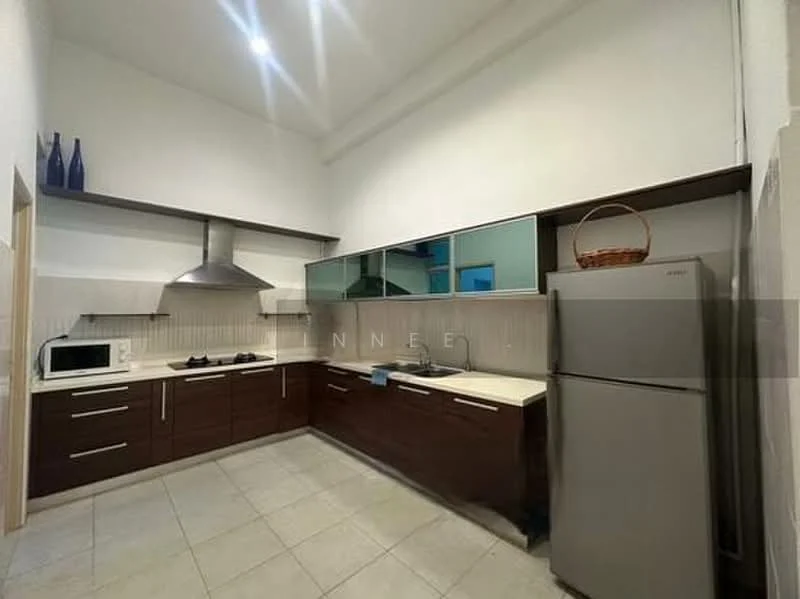Kitchen features: dark wood cabinetry, white countertop, stainless-steel sink, chrome pull-down faucet, built-in oven, freestanding range oven, microwave, stainless-steel fridge, glass backsplash, tile flooring, recessed downlights, open shelving, basket for storage; style: modern.
