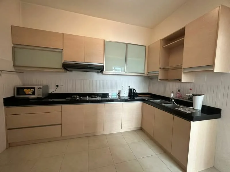 Kitchen features: light wood cabinetry, black granite countertop, built-in gas hob, built-in oven, stainless-steel range hood, microwave, kettle, sink, tile flooring, white tiled backsplash, under-cabinet lighting, open shelving; style: modern.