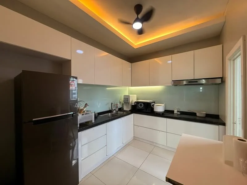 Kitchen features: white flat-panel cabinets, black granite countertop, stainless-steel refrigerator, built-in oven, ceramic cooktop, white backsplash, recessed LED downlights, 5-blade ceiling fan with light, white porcelain tile flooring, kitchen island with seating, microwave, sink with chrome faucet; style: modern.
